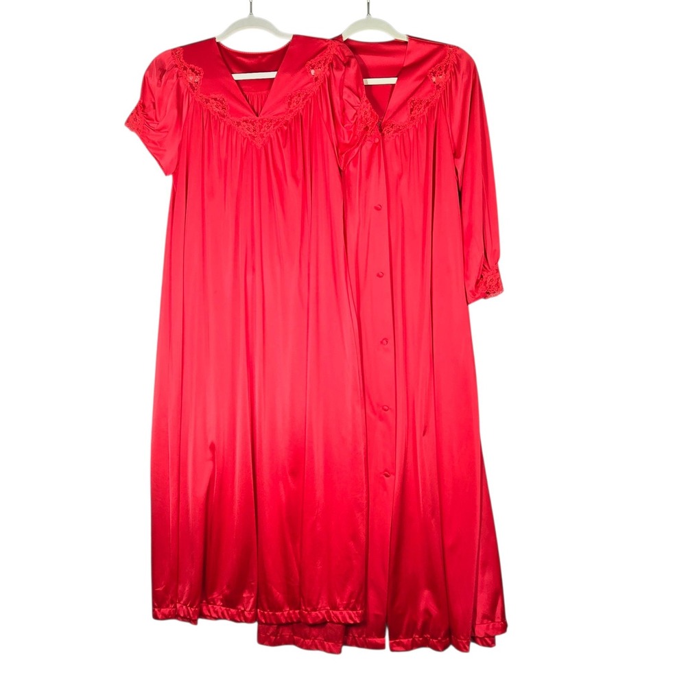 Vtg Shadowline Peignoir Set Womens Small Red Nightgown Robe Lace USA Made 80s